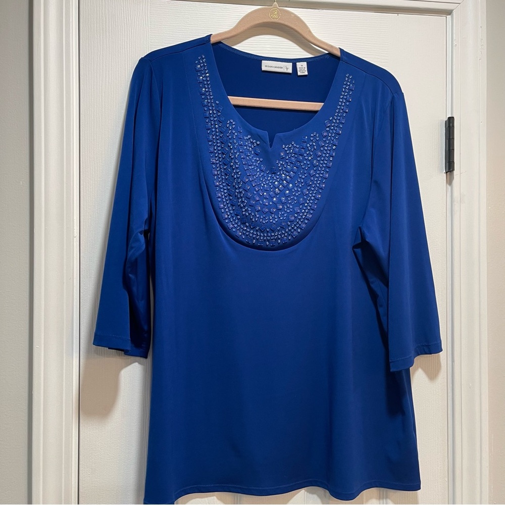Susan Graver Blue Embellished Relaxed Blouse
